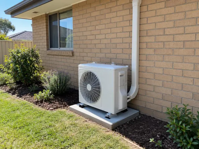 Outdoor air conditioner unit on a concrete pad beside a brick house wall in Munno Para